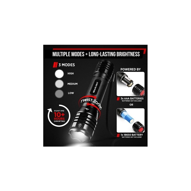 Flashlight, LED Tactical, 3 Modes, 2PK